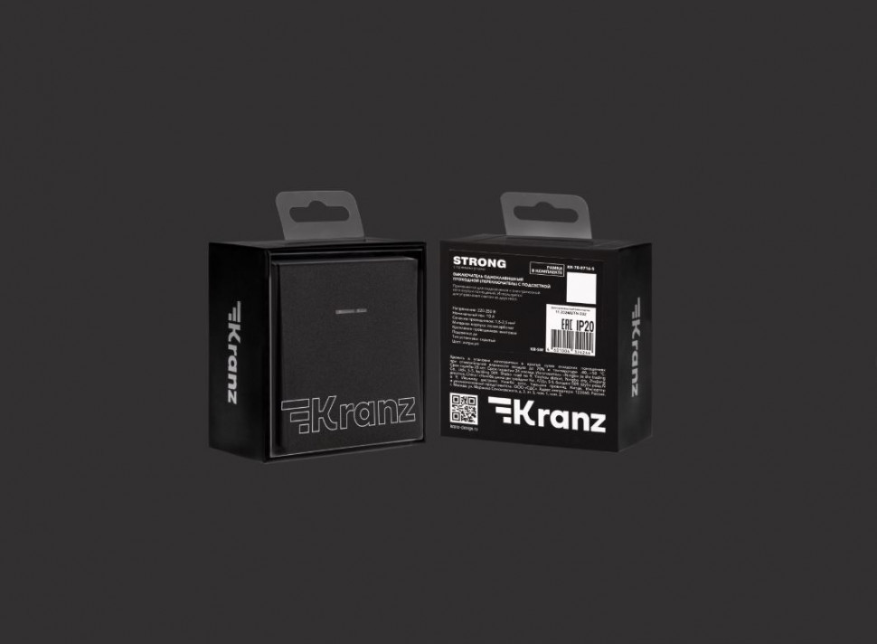 KRANZ Выключатель STRONG 1 кл проходной (переключатель) с подсветкой 10А с/у антрацит KR-78-0716-5
