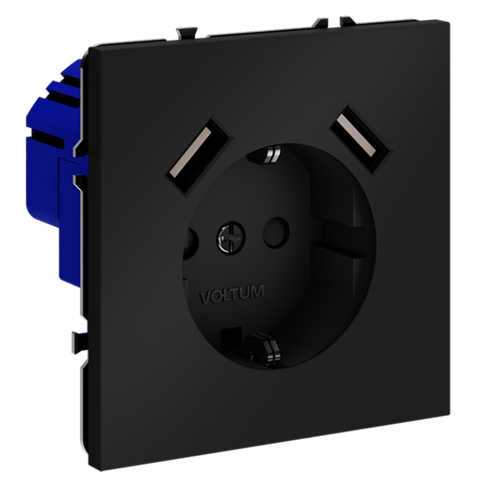 Розетка встраиваемая VOLTUM S70 с заземлением и защитными шторками, 16А, с USB, A+A, (черный матовый) VLS040408