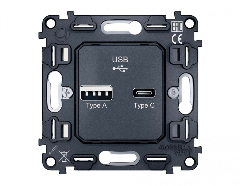 Механизм розетки 2USB A+C 20W быстрая зарядка QUANT VM177