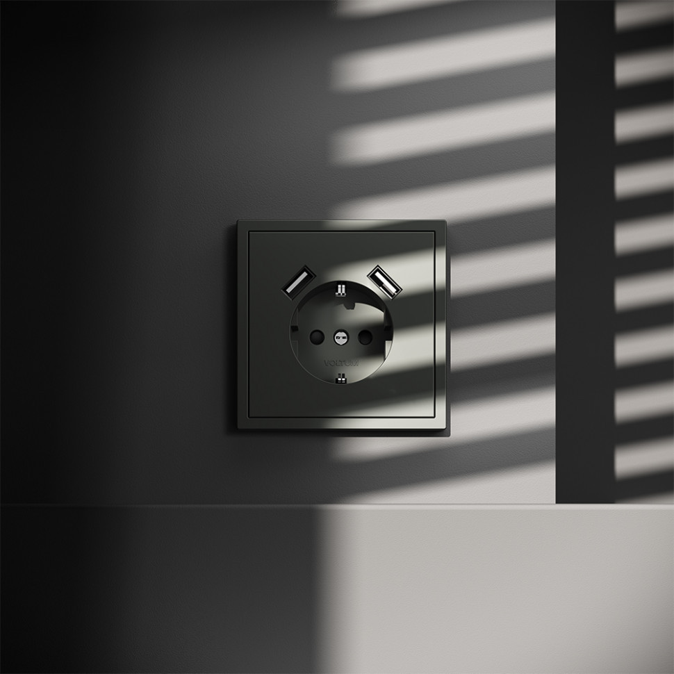 Розетка встраиваемая VOLTUM S70 с заземлением и защитными шторками, 16А, с USB, A+A, (титан) VLS040406