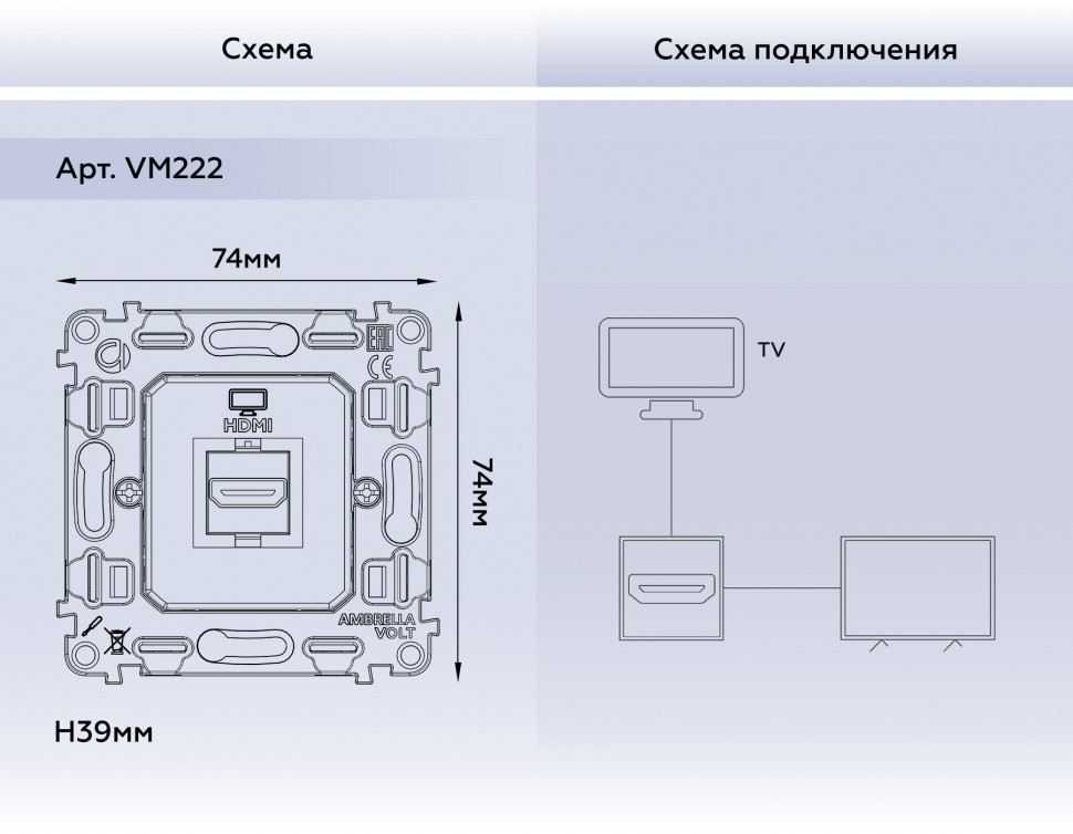 Механизм розетки HDMI 2.0 40V/500mA 2.0GHz 5-18Gbit/s QUANT VM222