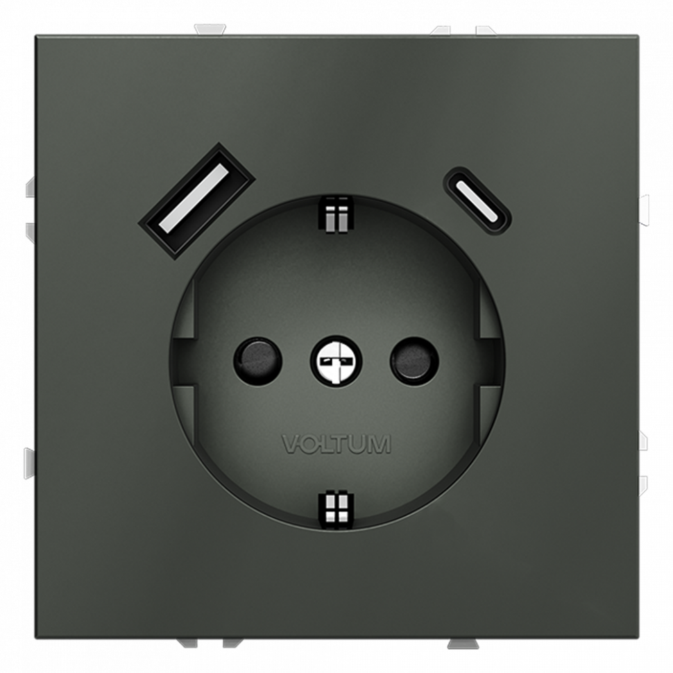 Розетка встраиваемая VOLTUM S70 с заземлением и защитными шторками, 16А, с USB, A+С, (титан) VLS040506
