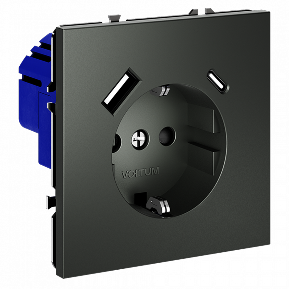 Розетка встраиваемая VOLTUM S70 с заземлением и защитными шторками, 16А, с USB, A+С, (титан) VLS040506