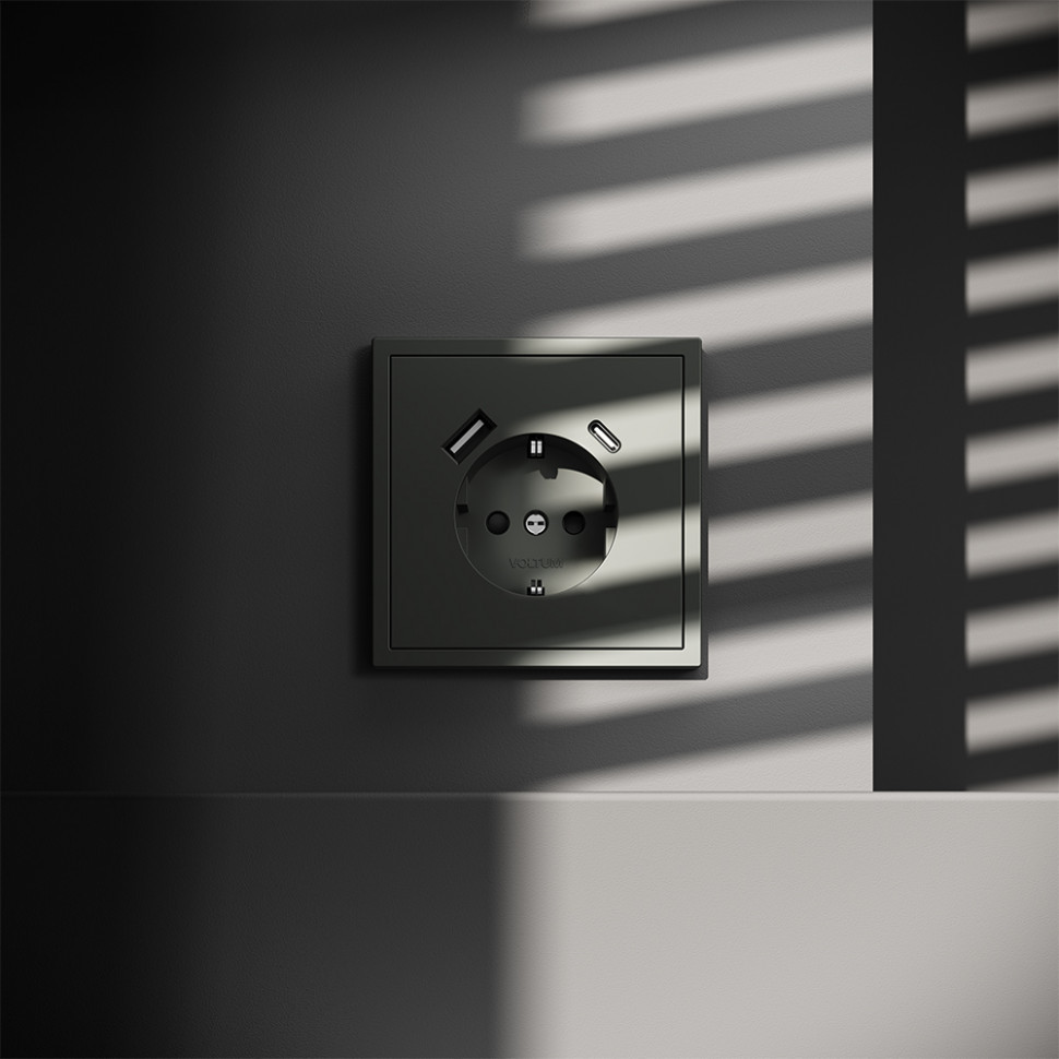 Розетка встраиваемая VOLTUM S70 с заземлением и защитными шторками, 16А, с USB, A+С, (титан) VLS040506