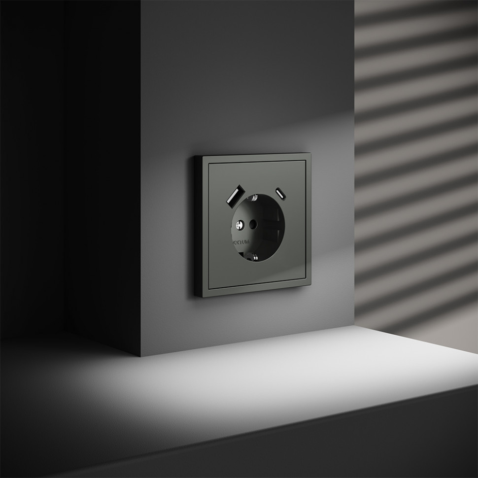 Розетка встраиваемая VOLTUM S70 с заземлением и защитными шторками, 16А, с USB, A+С, (титан) VLS040506