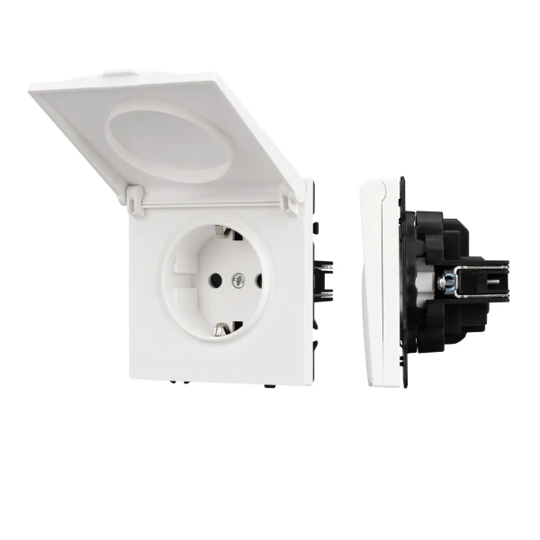 Розетка с заземлением Schuko с крышкой с защитными шторками, 250В, 16А, IP-44, NEO PLUS винтовые контакты (белый матовый)
