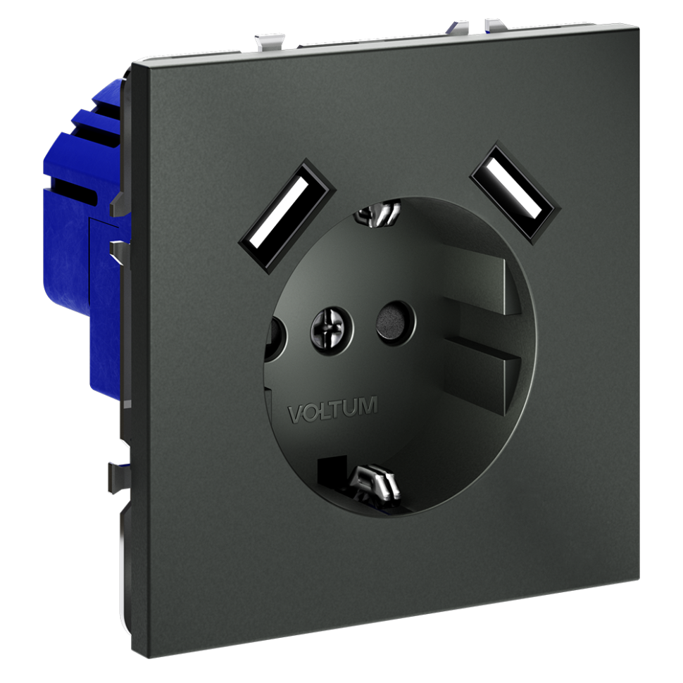 Розетка встраиваемая VOLTUM S70 с заземлением и защитными шторками, 16А, с USB, A+A, (титан)