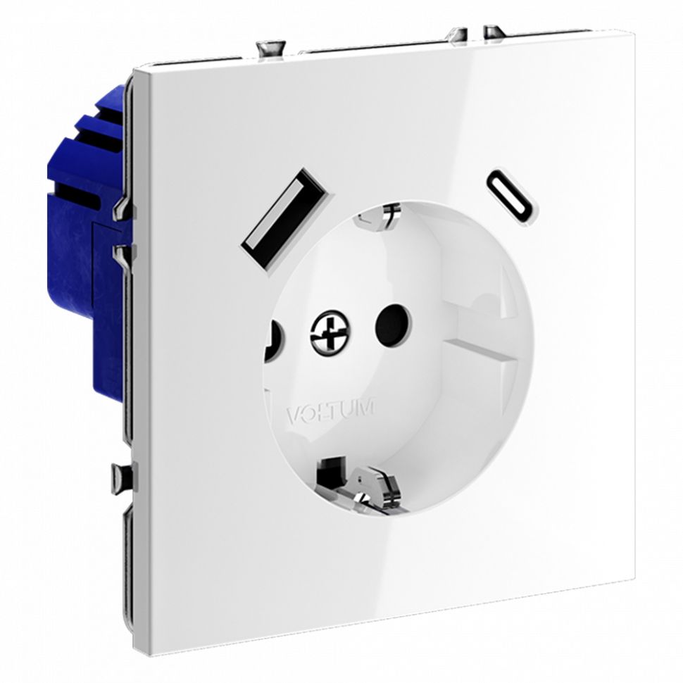 Розетка встраиваемая VOLTUM S70 с заземлением и защитными шторками, 16А, с USB A+C (белый глянцевый) VLS040501