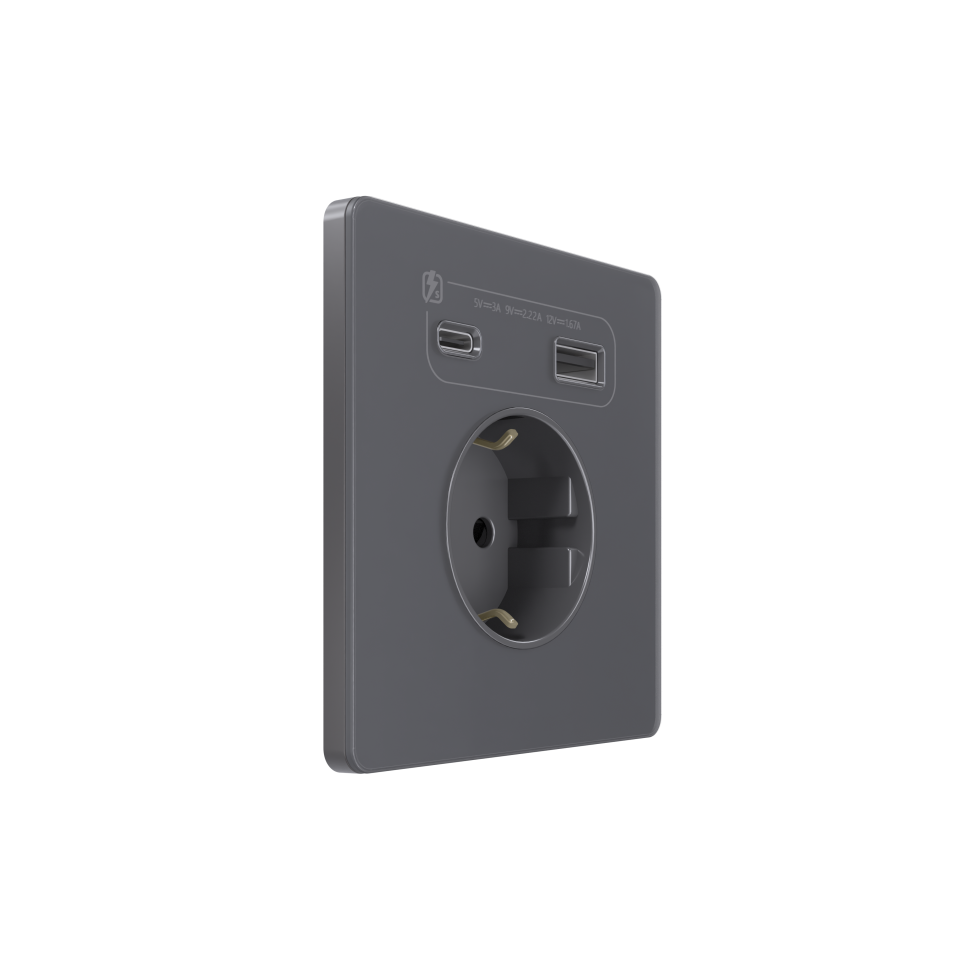 Systeme Infinity, Розетка С/У с ЗК и зар.устр.USB А+С 20Вт (250В, 16А, защ.шт.), Вулканический пепел