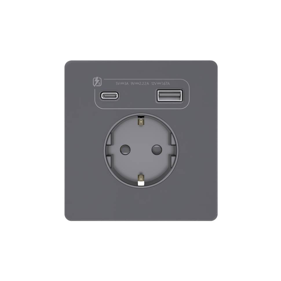 Systeme Infinity, Розетка С/У с ЗК и зар.устр.USB А+С 20Вт (250В, 16А, защ.шт.), Вулканический пепел