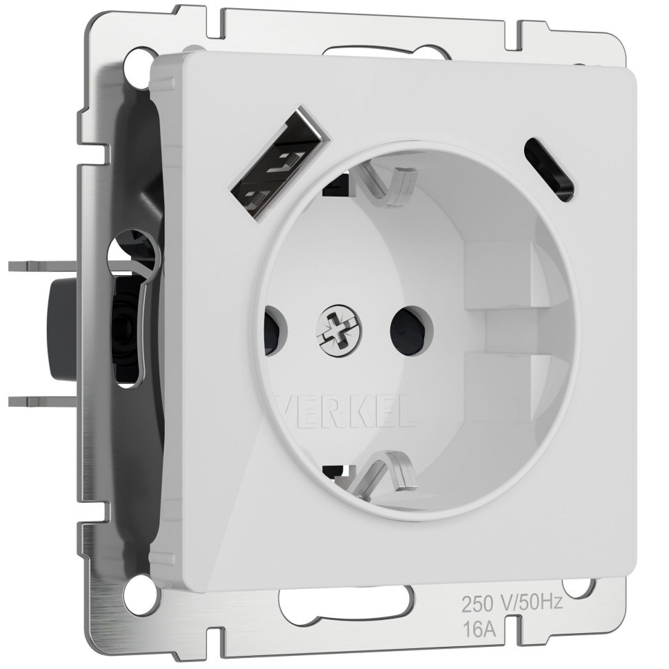 Розетка с заземлением, шторками и USB тип A+C (белый акрил) W1171741