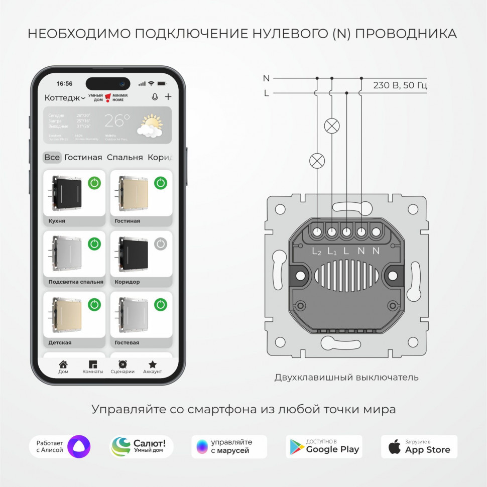 Умный сенсорный выключатель двухклавишный W4520601