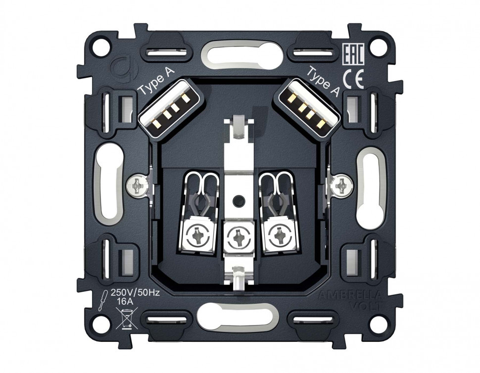 Механизм розетки Ambrella Volt QUANT VM155 с 2USB (A+A) быстрой зарядкой 18W | С заземлением, 16A 250V