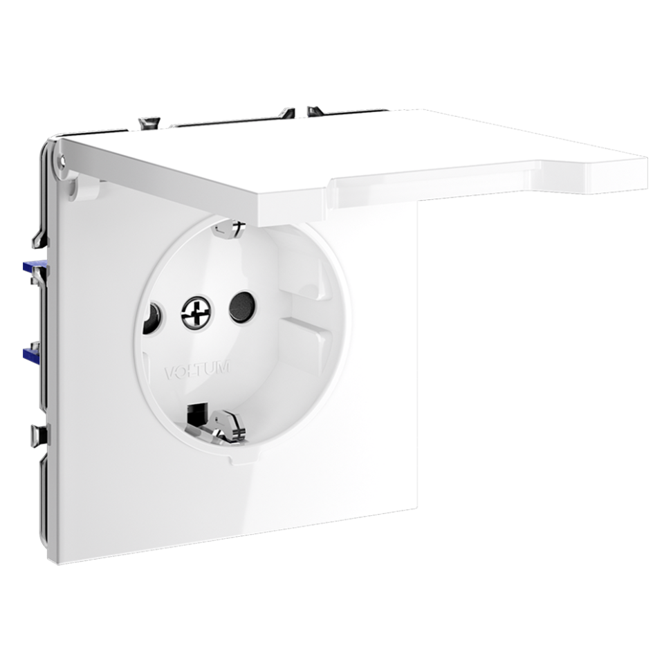 Розетка встраиваемая VOLTUM S70 с заземлением, защитными шторками и крышкой 16А, (белый глянцевый)