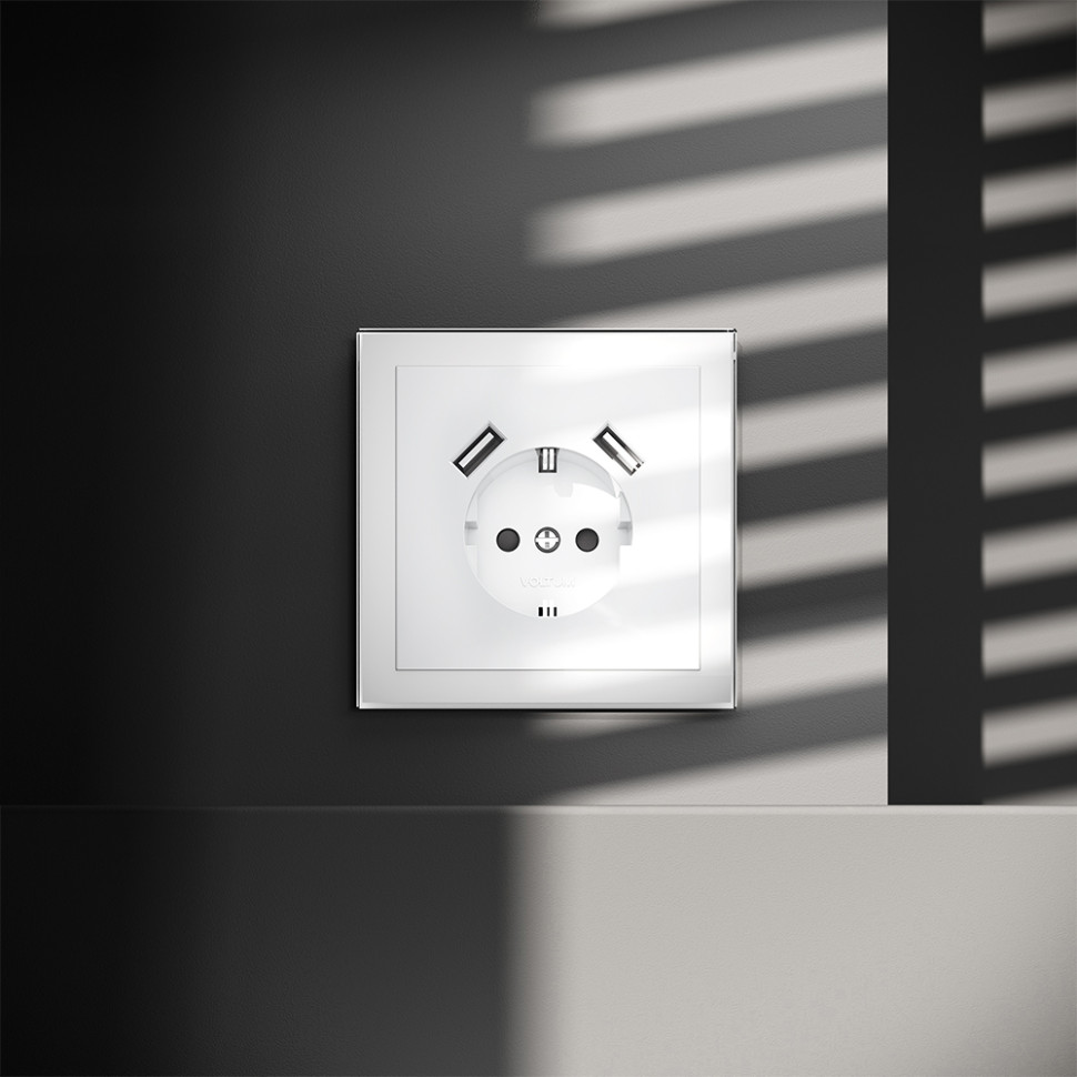 Розетка встраиваемая VOLTUM S70 с заземлением и защитными шторками, 16А, с USB, A+A, (белый глянцевы