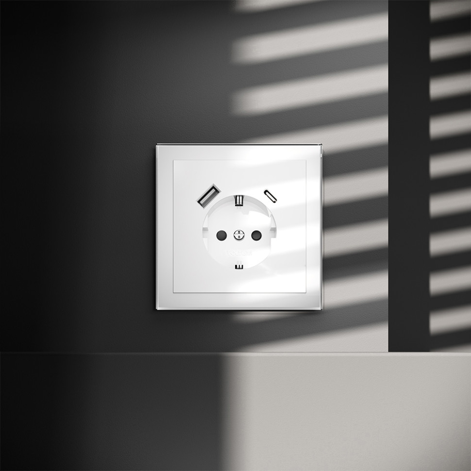 Розетка встраиваемая VOLTUM S70 с заземлением и защитными шторками, 16А, с USB, A+С, (белый глянцевы