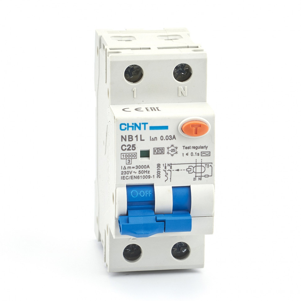 Дифференциальный автомат АВДT CHINT NB1L 1P+N 10kA х-ка С 25А тип АС 30mA (R) 203109