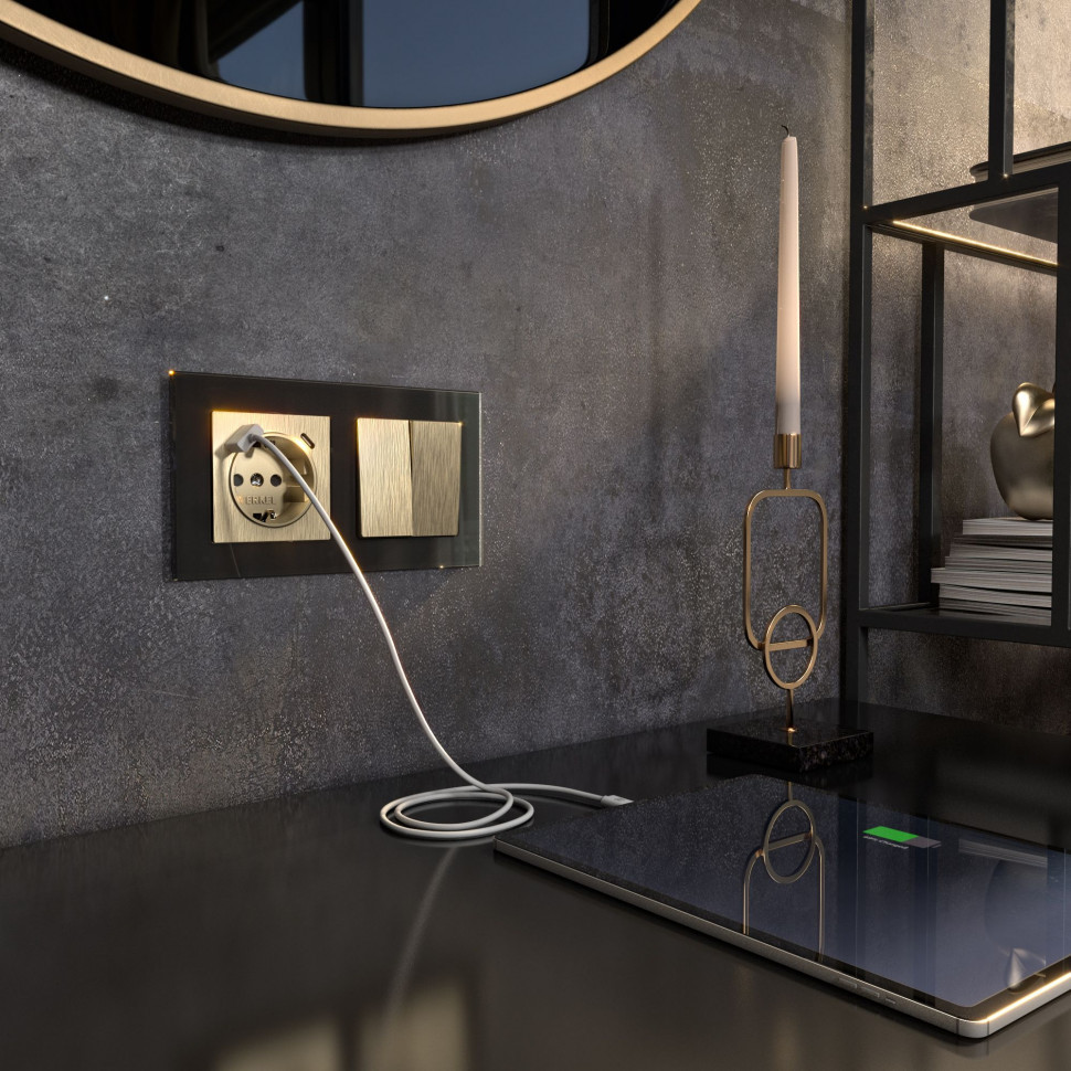 Розетка с заземлением, шторками и USB тип A+C (шампань рифленый) W1171710