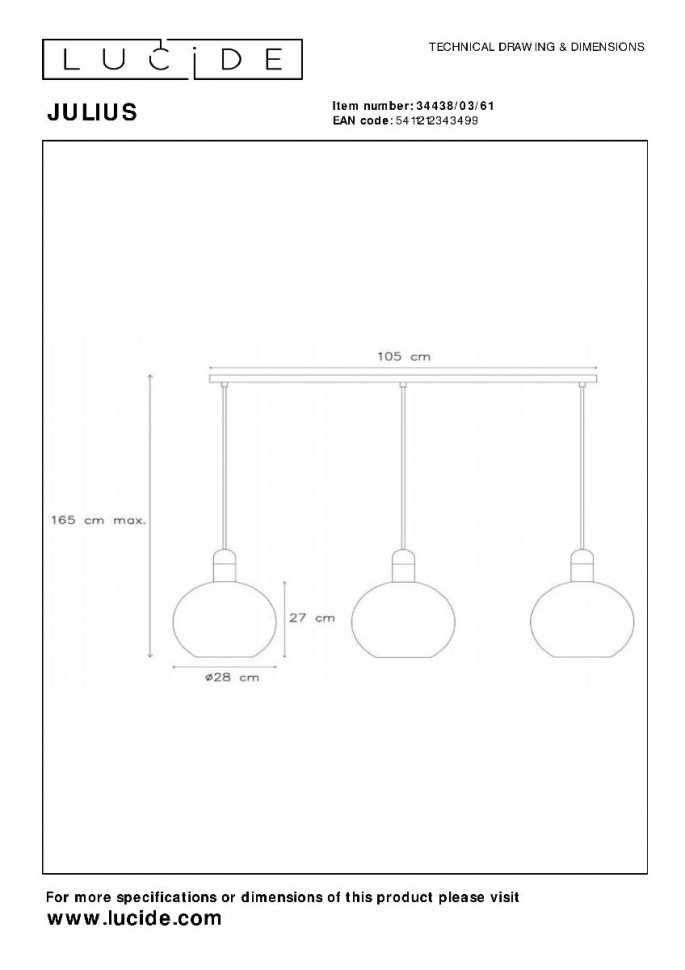 Подвесной светильник Lucide Julius 34438/03/61