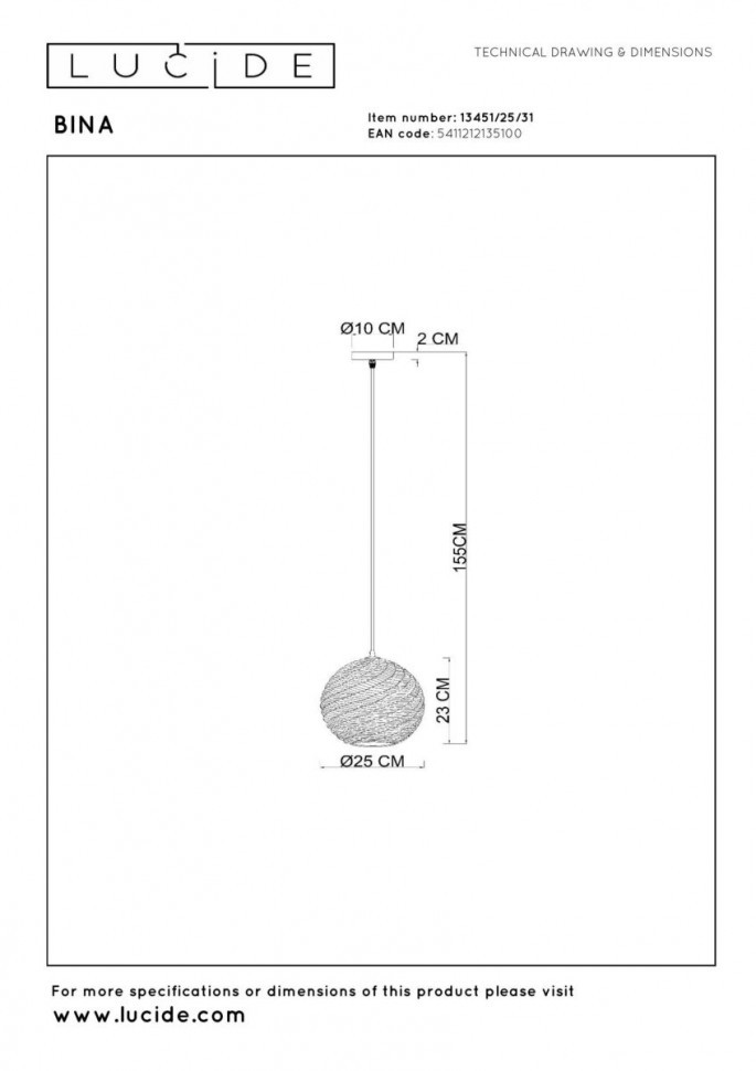 Подвесной светильник Lucide Bina 13451/25/31