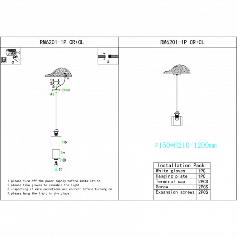 Подвесной светильник iLamp King RM6201-1P CR+CL