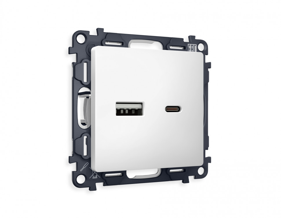 Комплект механизма розетки с USB ALFA MA131010 | Белый матовый 2USB A+C 20W быстрая зарядка QUANT