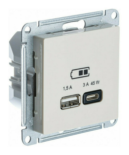 Зарядное устройство USB Type - A+C 45W высокоскоростная зарядка QC, PD Systeme Electric Atlas Design бежевое ATN000229