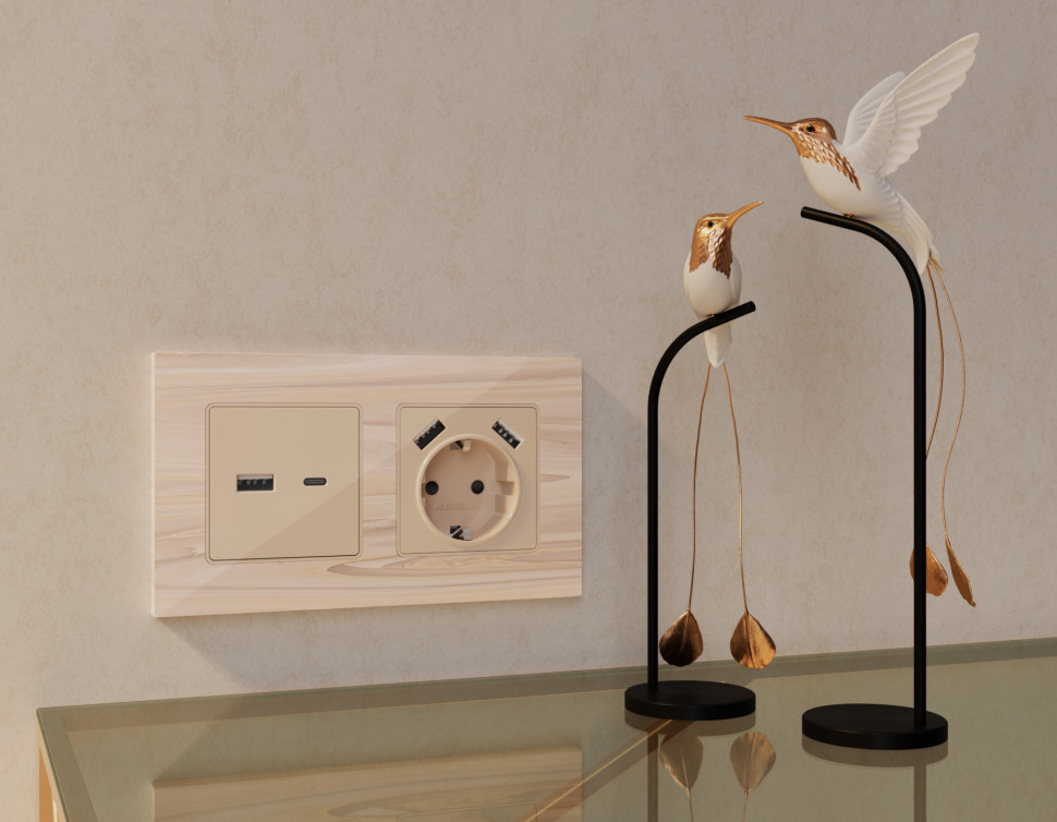 Комплект механизма розетки ALFA MA311010 Бежевый глянец 2USB A+C 20W быстрая зарядка QUANT