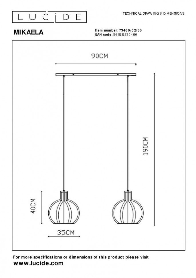 Подвесной светильник Lucide Mikaela 73400/02/30