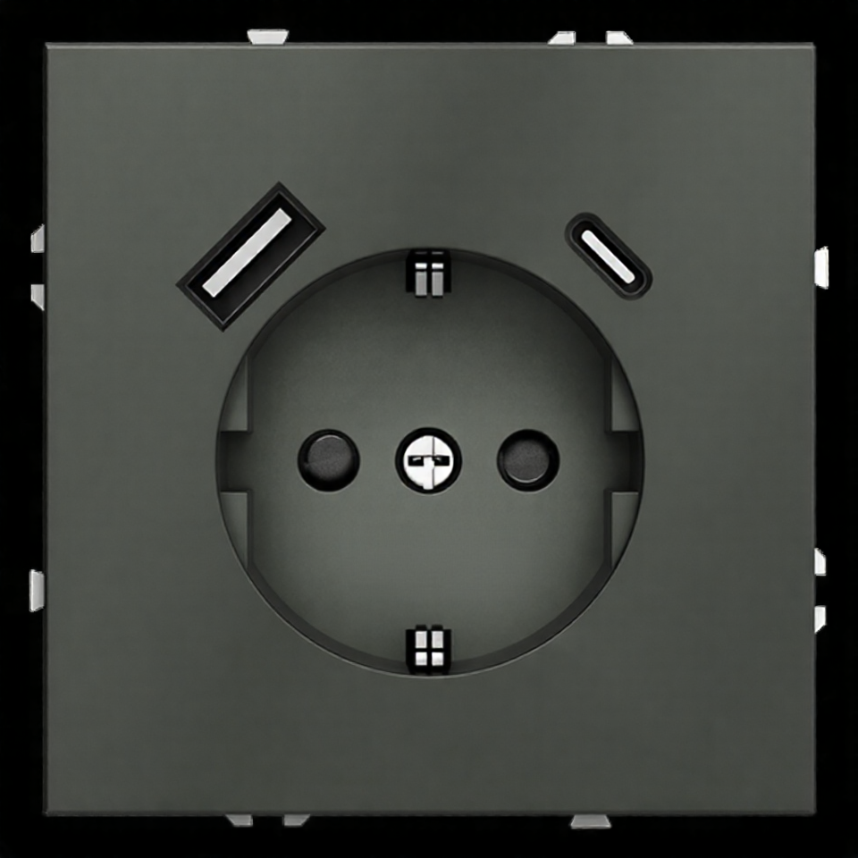 Розетка Schuko 250V 16A с USB-портом для зарядки Type A + Type C, с защитными шторками, 3,1А, 20W, IP-20, контакты винтовые   1 1