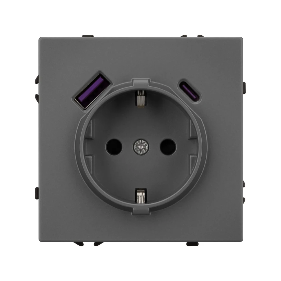 Розетка Schuko 250V 16A с USB-портом для зарядки Type A + Type C, с защитными шторками, 3,1А, 20W, IP-20,  NEO PLUS контакты винтовые  