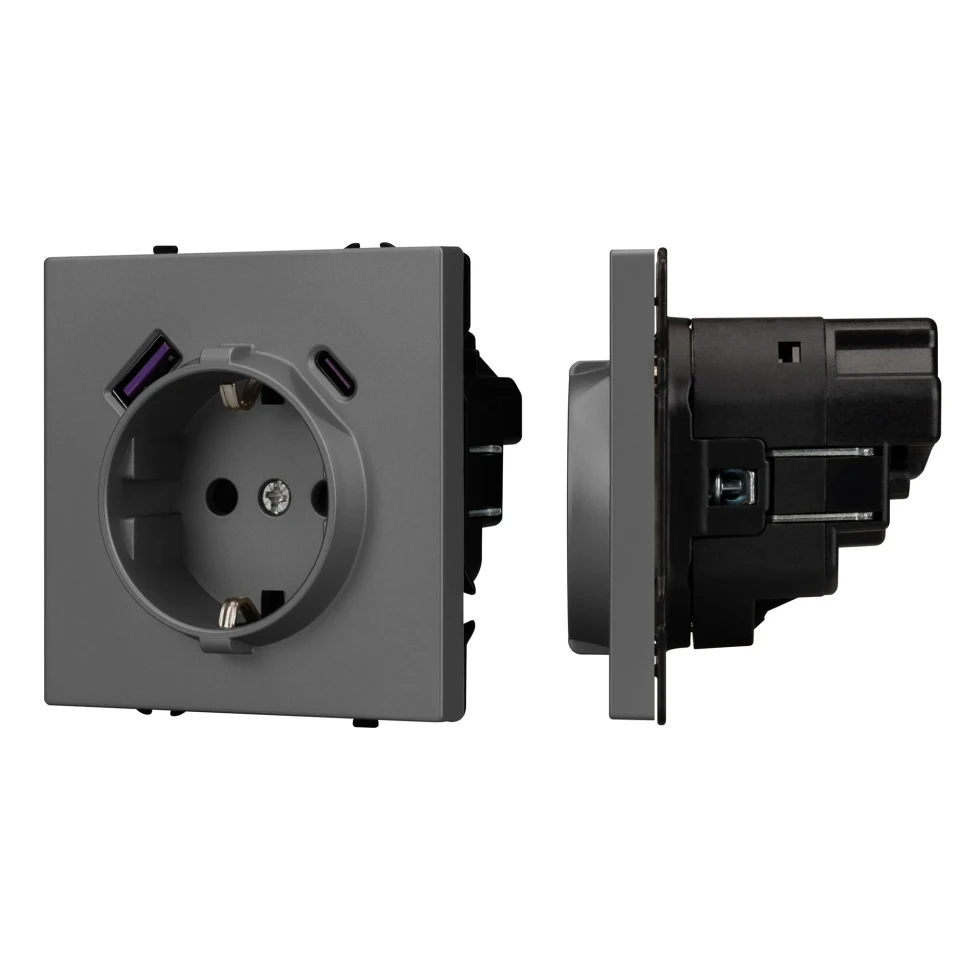 Розетка Schuko 250V 16A с USB-портом для зарядки Type A + Type C, с защитными шторками, 3,1А, 20W, IP-20,  NEO PLUS контакты винтовые  