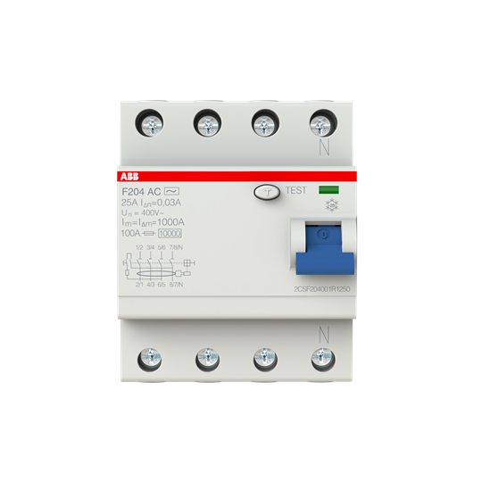 Устройство защитного отключения (УЗО) ABB F204 AC-25/0.03 Тип-AC 4P 25A 30мА 2CSF204001R1250