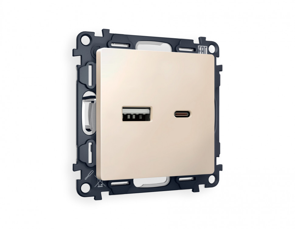 Комплект механизма розетки ALFA MA331010 Бежевый матовый 2USB A+C 20W быстрая зарядка QUANT