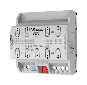 Диммер KNX универсальный, 4-канальный, 210W Zennio NarrowDIM X4 ZDINDX4