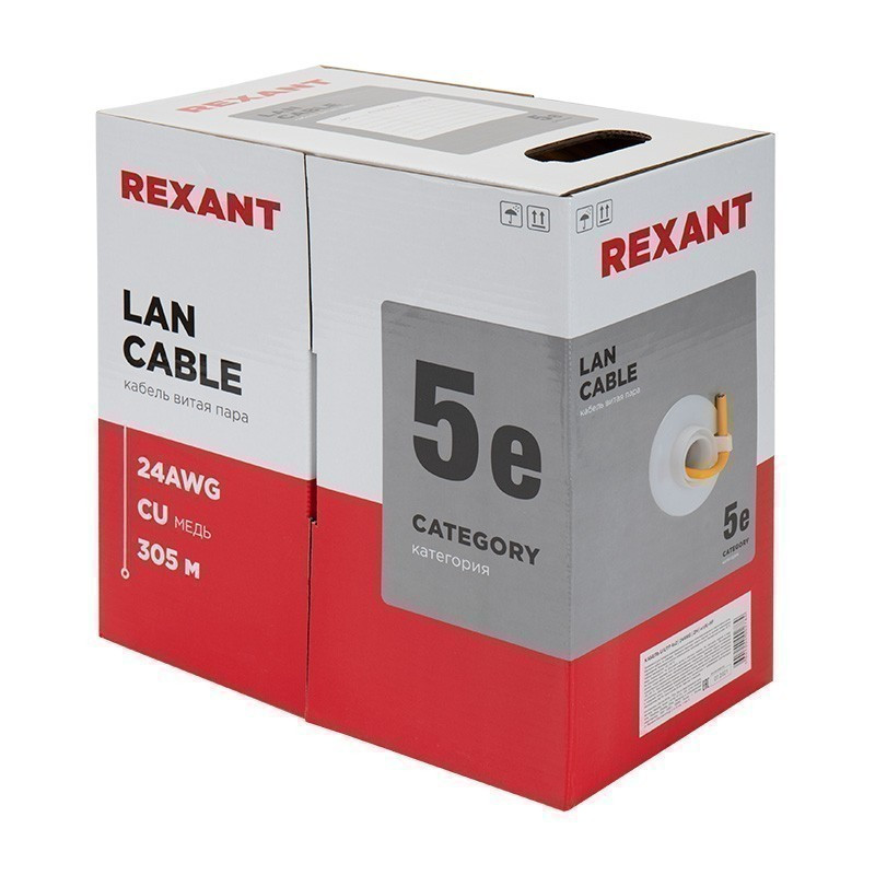 Кабель витая пара U/UTP, CAT 5e, ZH нг(А)-HF, 4PR, 24AWG, INDOOR, SOLID, оранжевый, 305м REXANT 01-0049