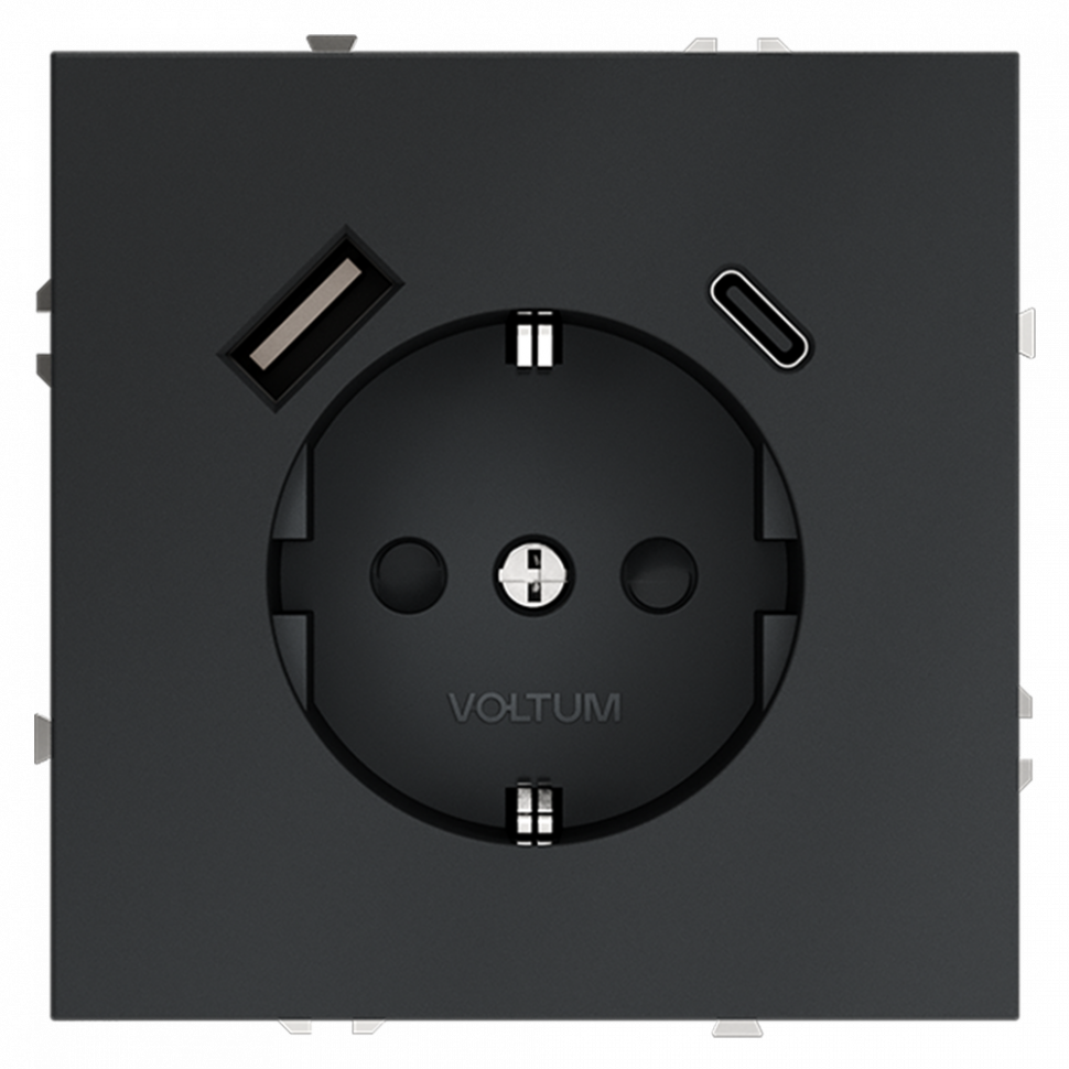 Розетка встраиваемая VOLTUM S70 с заземлением и защитными шторками, 16А, с USB, A+С, (графит) VLS040507