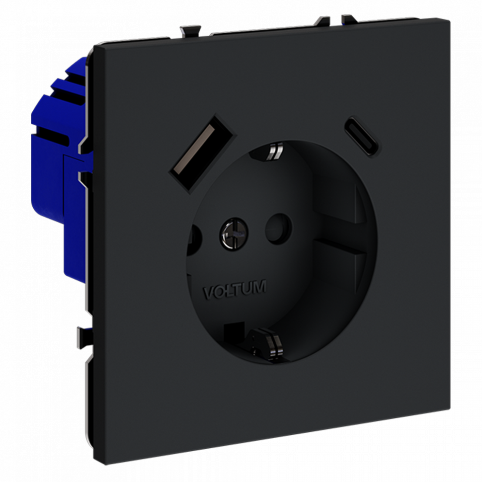 Розетка встраиваемая VOLTUM S70 с заземлением и защитными шторками, 16А, с USB, A+С, (графит) VLS040507