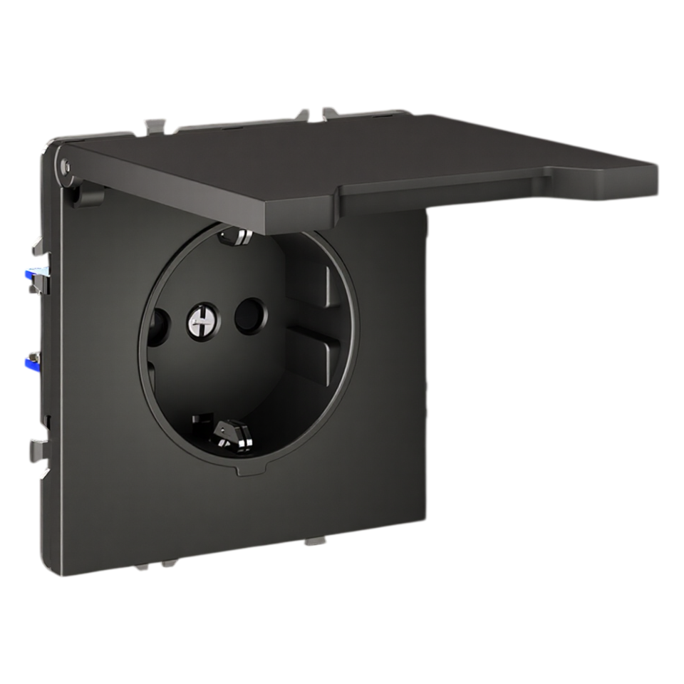 Розетка с заземлением Schuko с крышкой с защитными шторками, 250В, 16А, IP-44, (серый)  