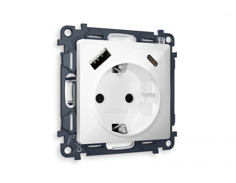  Комплект механизма розетки ALFA MA110010 с 2USB (A+C) 20W | Белый глянец QUANT 16A-250V