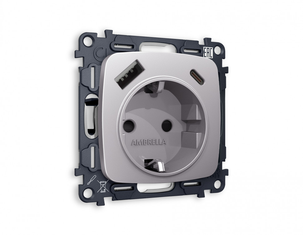 Комплект механизма электрической розетки OMEGA MO510010 Сталь матовый 2USB A+C 20W быстрая зарядка с заземлением и шторками 2P+E 16A-250V QUANT