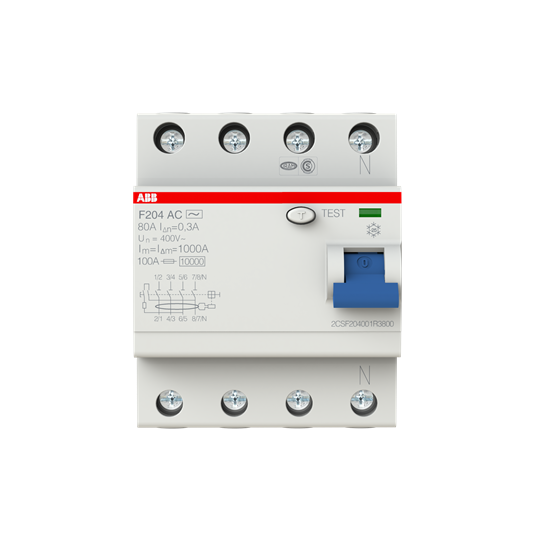 Устройство защитного отключения (УЗО) ABB F204 AC-80/0.3 Тип-AC  4P 80A 300мА 2CSF204001R3800