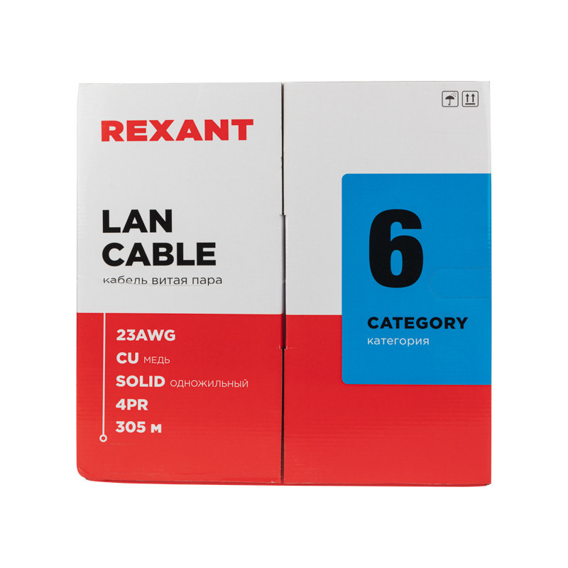Кабель витая пара U/UTP, CAT 6, ZH нг(А)-HF, 4PR, 23AWG, INDOOR, SOLID, серый, 305 м, REXANT 01-0067