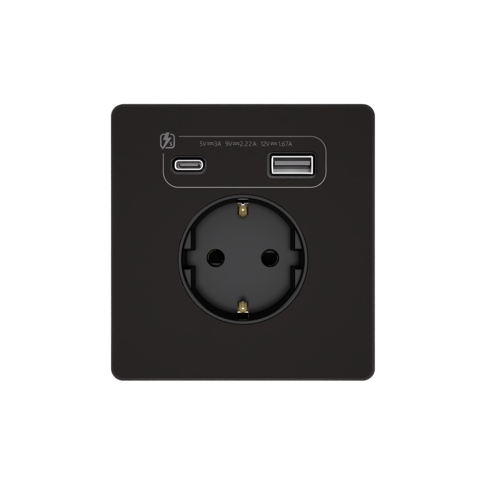 Systeme Infinity, Розетка С/У с ЗК и зар.устр.USB А+С 20Вт (250В, 16А, защит.шторки), Полярная ночь