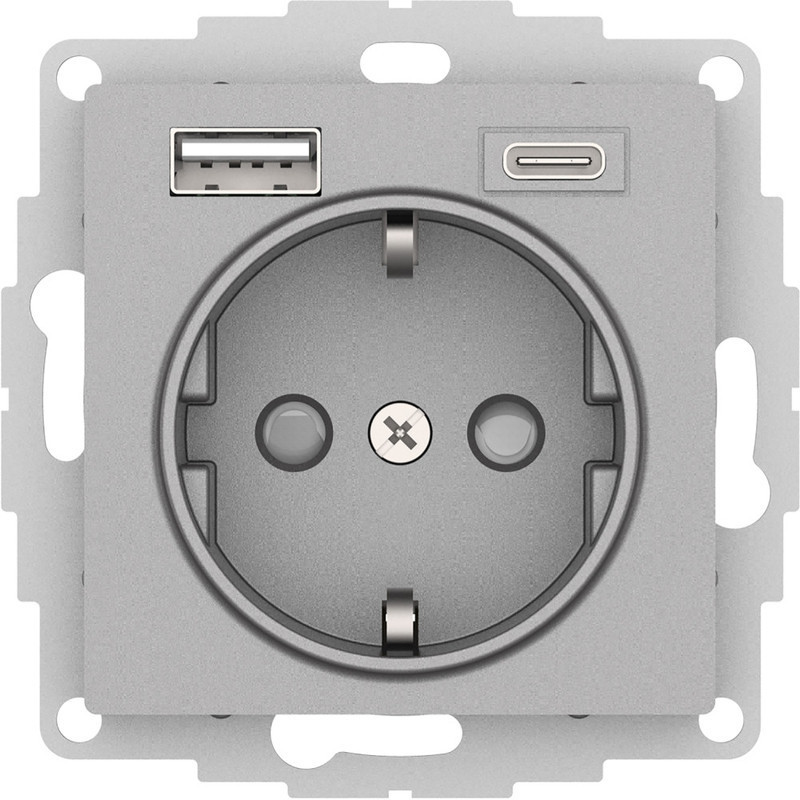 Розетка силовая + USB type - A+C, 5В/2,4А/3,0А, 2х5В/1,5А Systeme Electric Atlas Design алюминий ATN000332