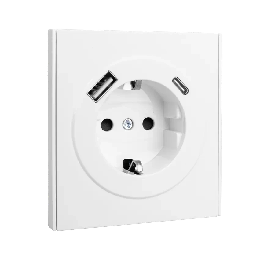 OTL Розетка одинарная с заземлением Schuko 250V, 16A с USB A+C, с защитными шторками, белый матовый, 5V, 3,1А, 20W, IP-20, контакты винтовые, Vertus-Electro, арт. VE-OTL-12/1-W 