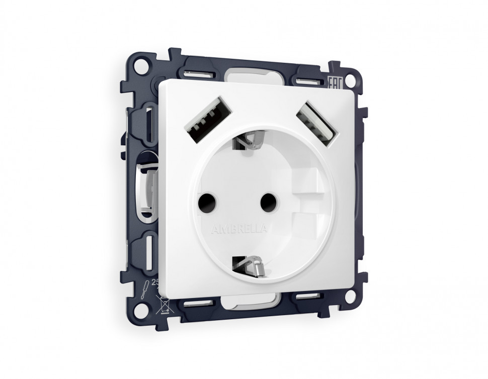 Комплект механизма розетки с USB ALFA MA129010 | Белый матовый 2USB A+A 18W с заземлением QUANT