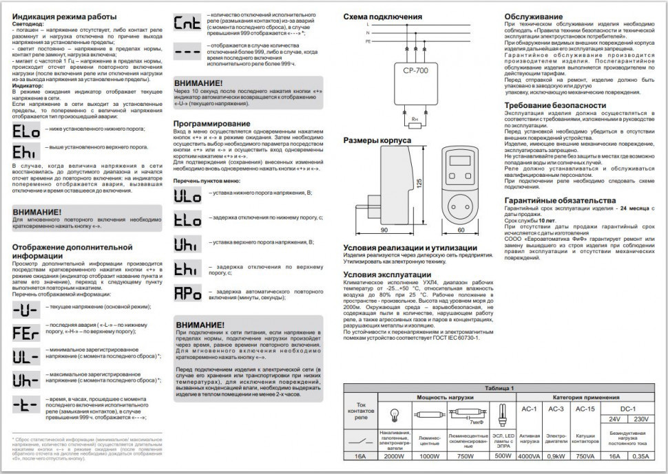 Реле напряжения (Однофазный-АС / Ампер-16 / Контакт-1NO) CP-700