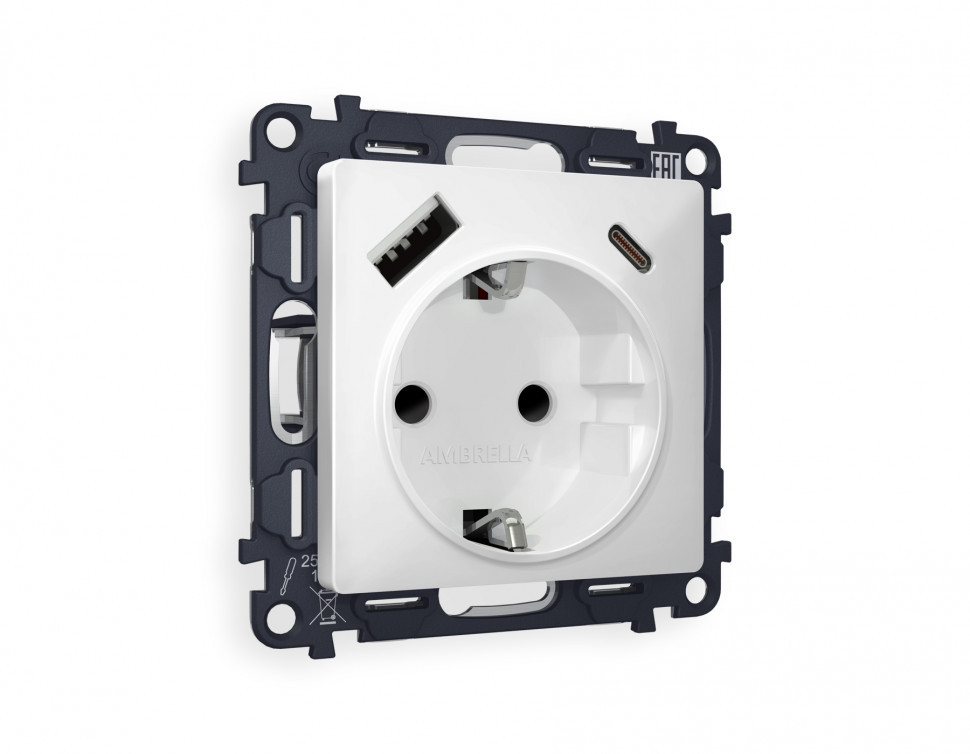 Комплект механизма розетки с USB ALFA MA130010 | Белый матовый 2USB A+C 20W с заземлением QUANT